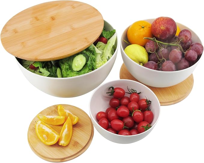 ECOWAY Salad Bowl Set of 3 with Bamboo Wooden Lids, Mixing Bowls Set, Nesting Bowls for Space Saving Storage, Made with Durable Eco-Friendly Bamboo Fiber, Great for Prepping and Serving Food, White - Image 7
