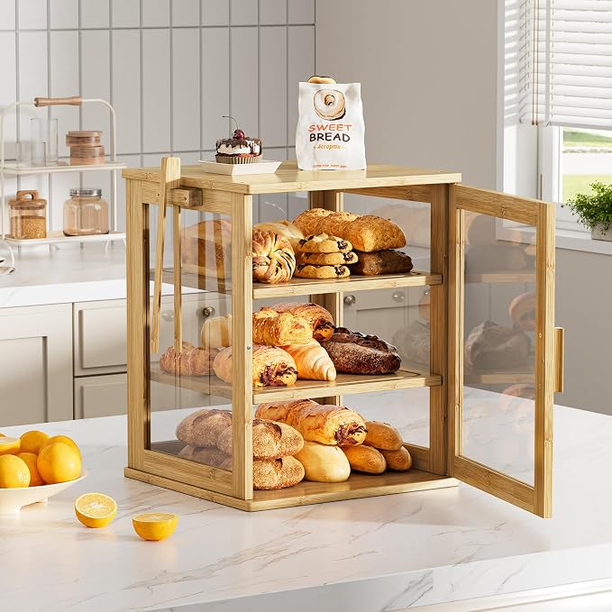 WOWLIVE Bread Box for Kitchen Countertop, 3 Layers Bread Storage Container | Large Bamboo Bread Bin for Homemade Bread with Window, Farmhouse Breadbox Organizer for Cabinet, Natural, Extra Large - Image 8