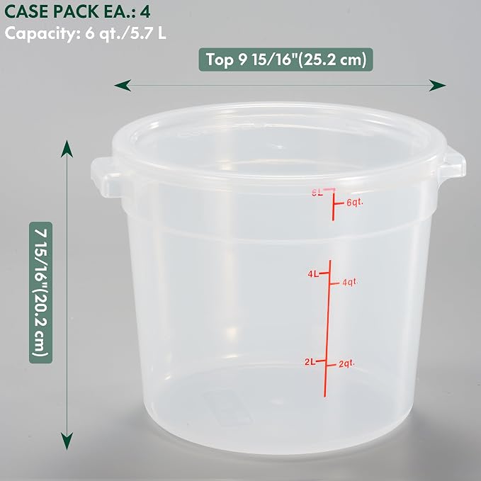 6 Quart Translucent Round Food Storage Container with Lid, Pack of 4 – NSF Listed, BPA-Free, Commercial-Grade Polypropylene, Freezer & Dishwasher Safe, Non-Stick, Easy-Read Graduations - Image 2