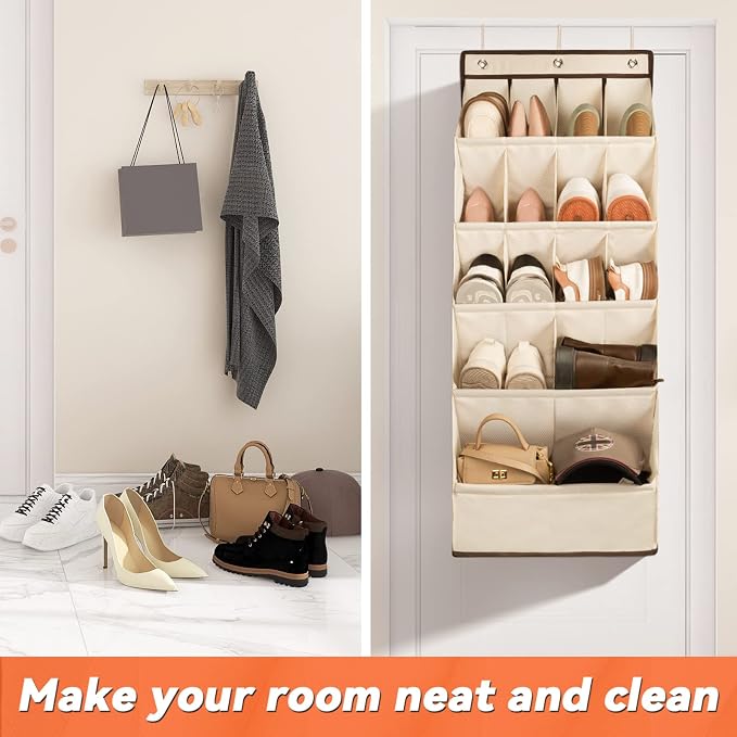 FENTEC 1 Pack Over the Door Shoe Organizers, Hanging Shoe Organizer with Large Deep Pocket Shoe Holder for Closet Shoes Rack for Wall, Over Door Shoe Storage Hold up to 18 Pairs Shoes, Beige - Image 4