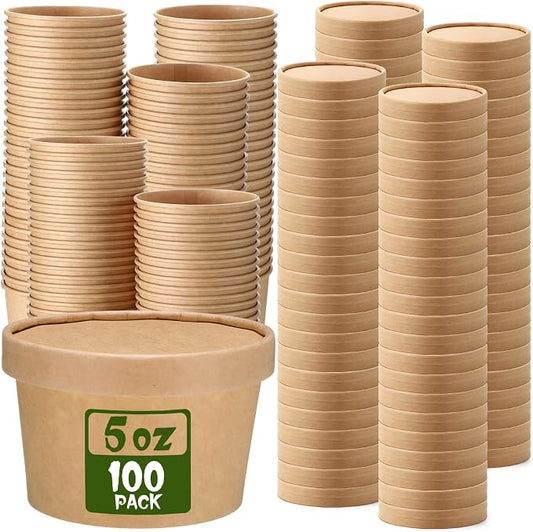 Fulmoon 100 Pack Paper Soup Containers with Lids Disposable Paper Food Containers with Vented Lid Kraft Ice Cream Cake Dessert Cups Soup Bowl for Party Hot Food Fruit Microwave(5 oz,Brown) by Fulmoon
