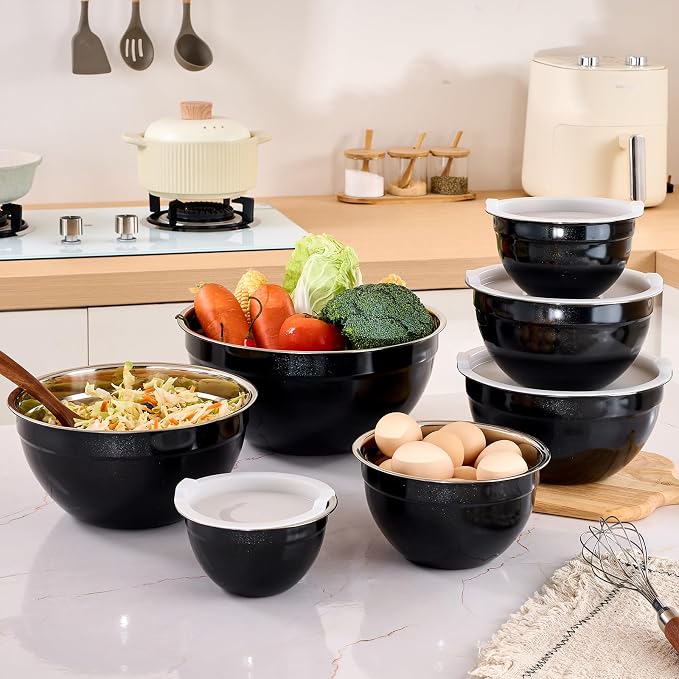 Black Mixing Bowls with Airtight Lids, Stainless Steel Nesting Mixing Bowls Set of 7, Ideal for Baking, Prepping and Serving Food, Size 7, 3.6, 2.7, 2.1, 1.5, 1.1,0.8 QT, Stackable Design - Image 8
