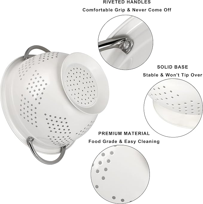 Colander Set for Kitchen, 1.5, 3, 5 Qt Food Strainers and Colanders | Stainless Steel Handle,Strainers and Colanders For Pasta, Vegetables, and Fruits, Coated Metal, Kitchen Essential - Image 6