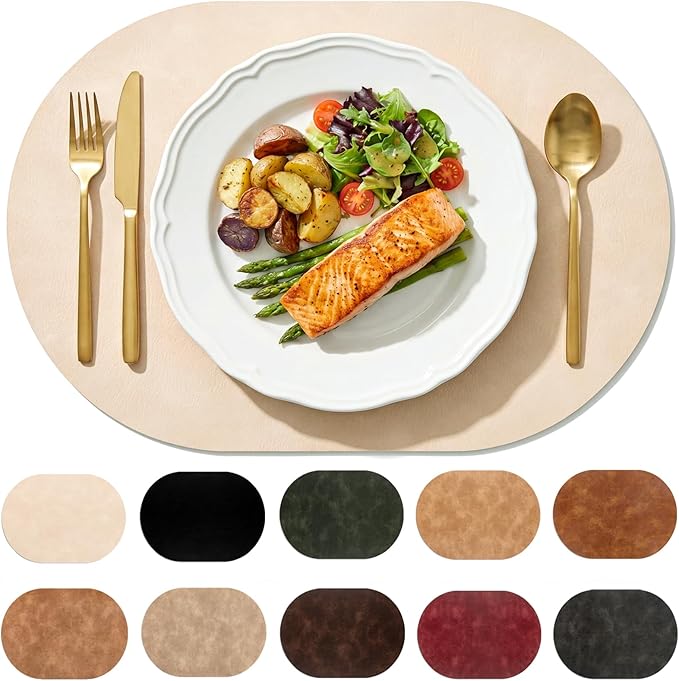 Placemats, Oval Placemats 2mm Ultra Thick Faux Leather Table Mats, Heat Resistant Waterproof Wipeable Dining Mats for Kitchen Table, Set of 8, Beige by BIPASION