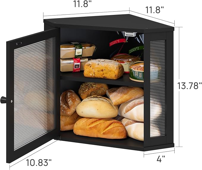 viewcare Corner Bread Box for Kitchen Counter, Bamboo Wood Black Bread Box, Large Capacity Bread Storage Bin with Acrylic Wavy Door Panel (Black, Meduim) - Image 5