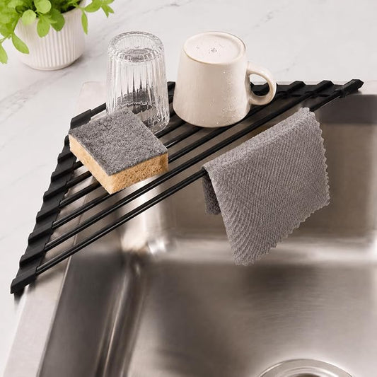 Triangle Roll-Up Dish Drying Rack for Sink Corner, Silicone Coated Metal Draining Board Rack, Space-Saving Drying Rack Kitchen, Multipurpose Plate Rack Sink Drainer for Kitchen Storage & Organisation, by Unknown