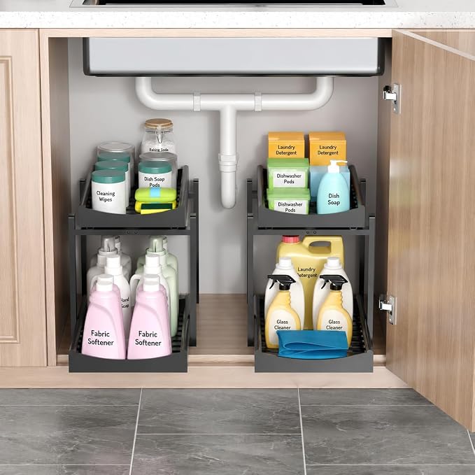 MHXW SXPN Bamboo Under Sink Organizer, 2 Pack Pull Out Cabinet Organizer | 2 Tier Vertical Smooth Slide Out Undersink Storage Shelf | Multi-Purpose Organizer Shelves for Kitchen Bathroom Medicine - Image 5