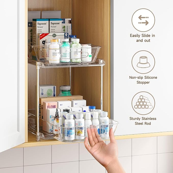 2-Pack 2-Tier Under Sink Organizer with Pull Out Drawers | Multi-use kitchen & bathroom storage. Includes hanging hooks and cups. transparent, space-saving cabinet design. 12.8 Inch - Image 5