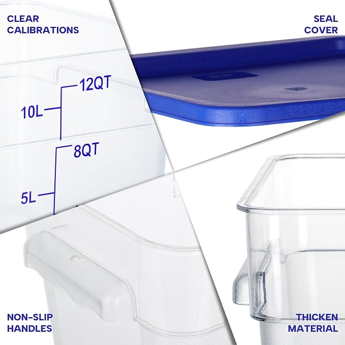 BIEAMA 4 Pack 12 Qt Square Food Storage Containers with Lids, NSF, Clear | Commercial polycarbonate containers with scale markings and handles; stackable for prep, brining, fermentation & bulk storage - Image 3