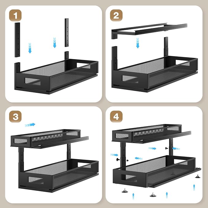 2 Pack 21.3IN-Depth Under Sink Organizer with Next-Gen Ball-Bearing Slides,2-Tier Pull Out Cabinet Storage,Height Adjustable Drawer Shelf for Bathroom,Kitchen,Laundry,Cabinet,Pantry-Black - Image 5