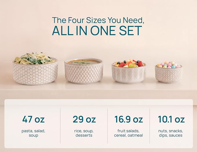 KooK Serving Bowls, with Lids, Ceramic Nesting Bowls, Set of 4, Embossed, Kitchen, Prep, Stackable, Gift, Microwave and Dishwasher Safe, 10/16/29/47 oz, Narbonne Collection (Ivory) - Image 4