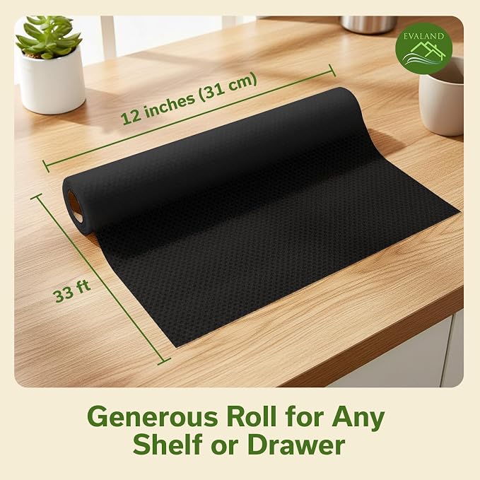 EVALAND Shelf Liner Cabinet Liner Non-Adhesive Drawer Liner 12 in x 33 FT | Non-Slip, Washable, Waterproof, Fridge Liners, Contact Paper, Shelf Liners for Cabinets, Kitchen, Refrigerator, Black - Image 2