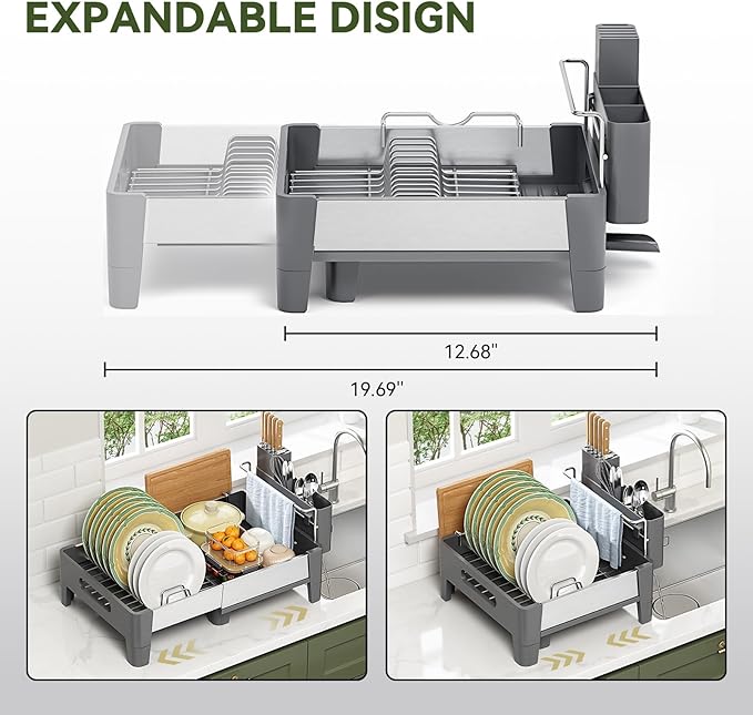 Urackify Expandable Dish Drying Rack, Stainless and Aluminum Frame, Gray | Dish Drainer for Kitchen Counter, Space Saving Kitchen Drying Rack with Movable Utensil Holder, 19.69"L x 13.46"W x 9.06"H - Image 4
