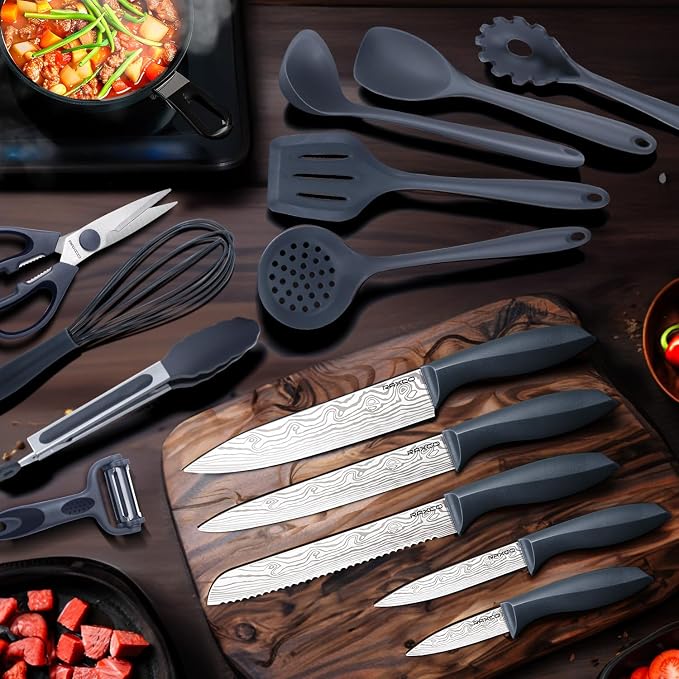 Kitchen Set,18-Piece Cooking Utensils and Kitchen Knife Set,Gray | 7-Piece Kitchen Utensils Heat-resistant to 410°F,5-Piece Sharp Knife,5-Piece Cooking Tools and Cutting Board In One - Image 4