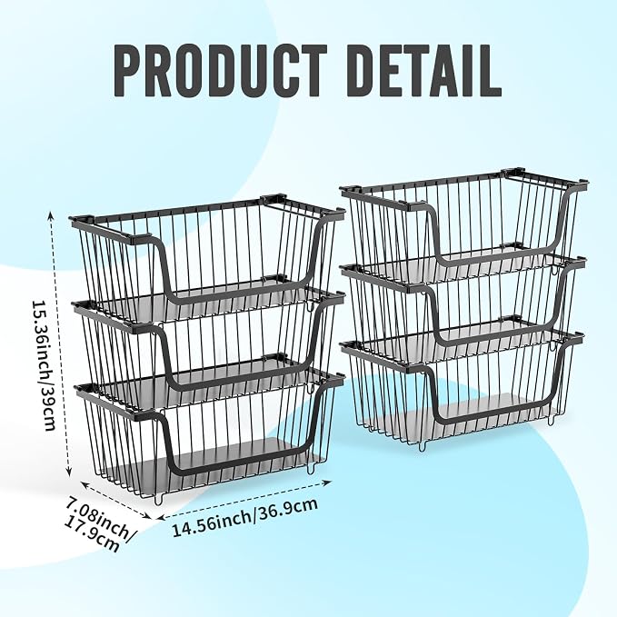 6 Pcs Stackable Wire Baskets for Pantry Organizers and Storage, | Vegetable Fruit Basket for Countertop,Kitchen Storage Metal Baskets,Produce Potato Onion Storage Bin,Black - Image 2