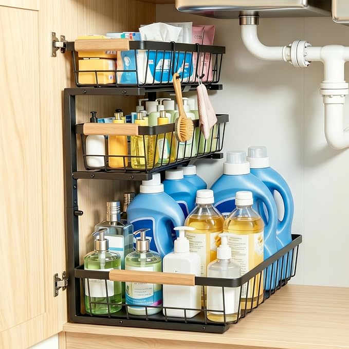 3 Tier Grid Pull Out Under Sink Organizer Black 1 Pack | Heavy duty grid pull out organizer with reinforced structure for storing cleaning supplies under sink and cabinet spaces by Tviorst