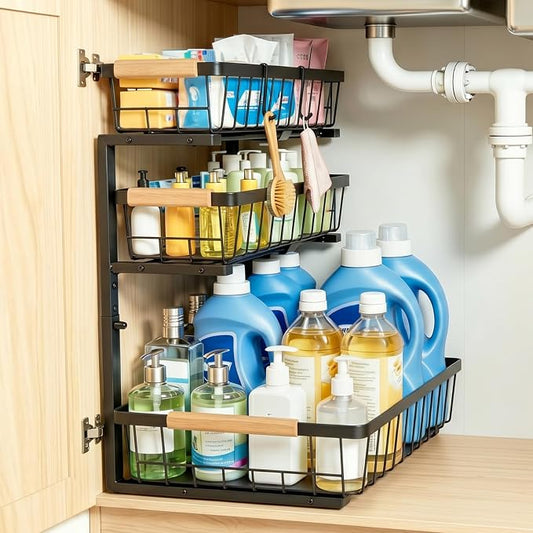 3 Tier Grid Pull Out Under Sink Organizer Black 1 Pack | Heavy duty grid pull out organizer with reinforced structure for storing cleaning supplies under sink and cabinet spaces by Tviorst