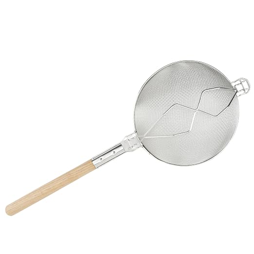 Winco 12" Tan Double Mesh Tin-Plated Steel Strainer, Nickel Plated | Double mesh, Wire handle, Hanging loop, Great for Draining Pasta, Rinsing Produce, Straining and Kitchen Prep - Image 3