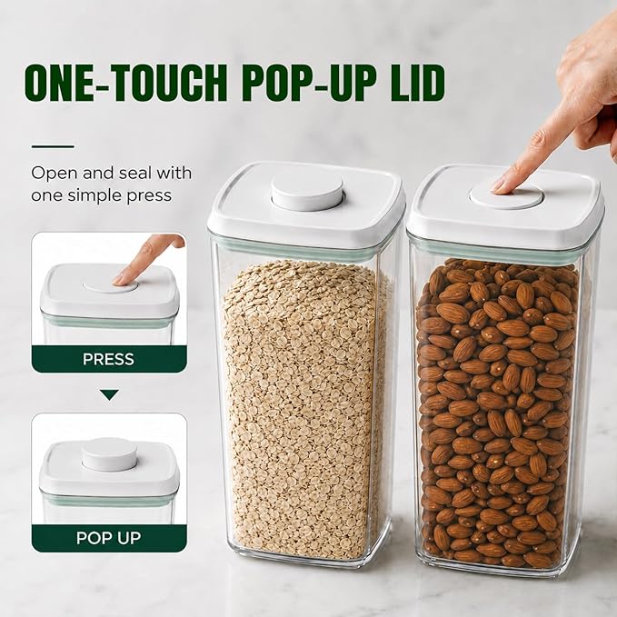 12 Pcs Pop Airtight Food Storage Containers with Lids Stackable Containers for Kitchen Pantry Organization Ideal for Cereal Snacks Flour Sugar Coffee and Spaghetti, 3.4Qt, 2.8Qt, 2.1Qt, 1.2Qt - Image 2