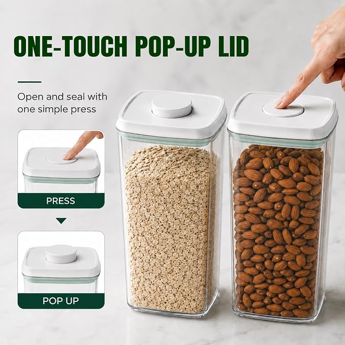 12 Pcs Pop Airtight Food Storage Containers with Lids Stackable Containers for Kitchen Pantry Organization Ideal for Cereal Snacks Flour Sugar Coffee and Spaghetti, 3.4Qt, 2.8Qt, 2.1Qt, 1.2Qt - Image 2
