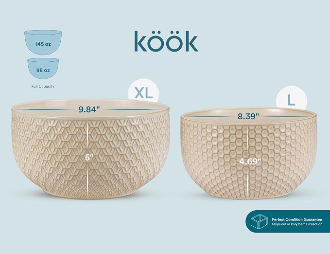KooK Ceramic Mixing Bowls, Nesting Set of 4, Embossed Kitchen Dishware, Prep, Serving, Gift, Microwave and Dishwasher Safe, 20/44/98/145 oz, Narbonne Collection (Almond) - Image 5