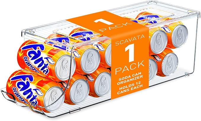 SCAVATA Soda Can Organizer for Refrigerator, Stackable Canned Food Pop Cans Container Can Holder Dispenser with Lid for Fridge Rack Freezer, Clear Storage Bins-Holds 12 Cans Each (One) by Tidyyourlife