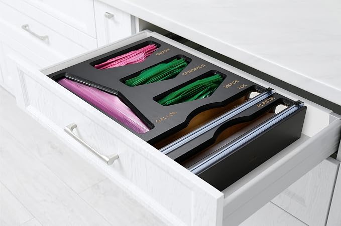 Bamboo Bag Organizer, Wrap dispenser, and Drawer Organizer Bundle for Kitchen Drawer (Black) - Image 7