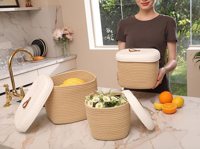 Set of 3 Nesting Woven Storage Baskets with Lids, Cotton Rope Decorative Basket Set for Shelf Closet Living Room Organizing, Square Beige & White - Image 7