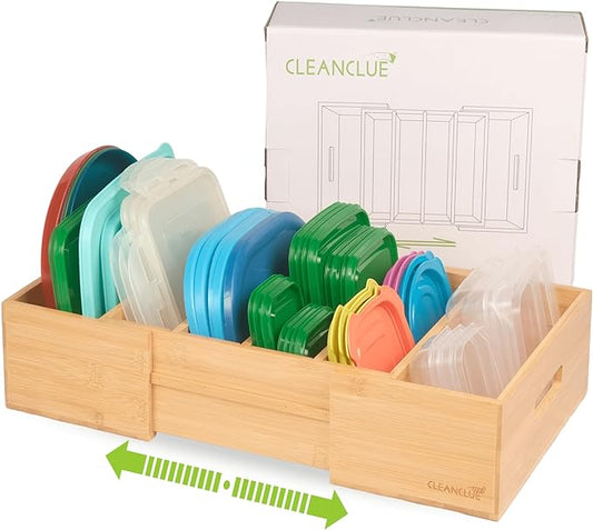 CLEANCLUE Expandable Kitchen Cabinet Organizer for Food Storage Container Lids, Bamboo Drawer Caddy Adjustable Dividers, Box for Kitchen Storage and Organization, Lids Organizer for Cabinet (Natural) by cleanclue