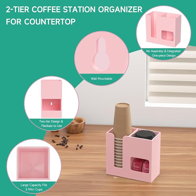2-Tier Coffee Station Organizer for Countertop, 3 Compartments Pink Acrylic Cup and Lid Holder Tea Condiment Storage Upright Coffee Bar Organizer Pod Dispenser for Office Breakroom Home Kitchen - Image 4