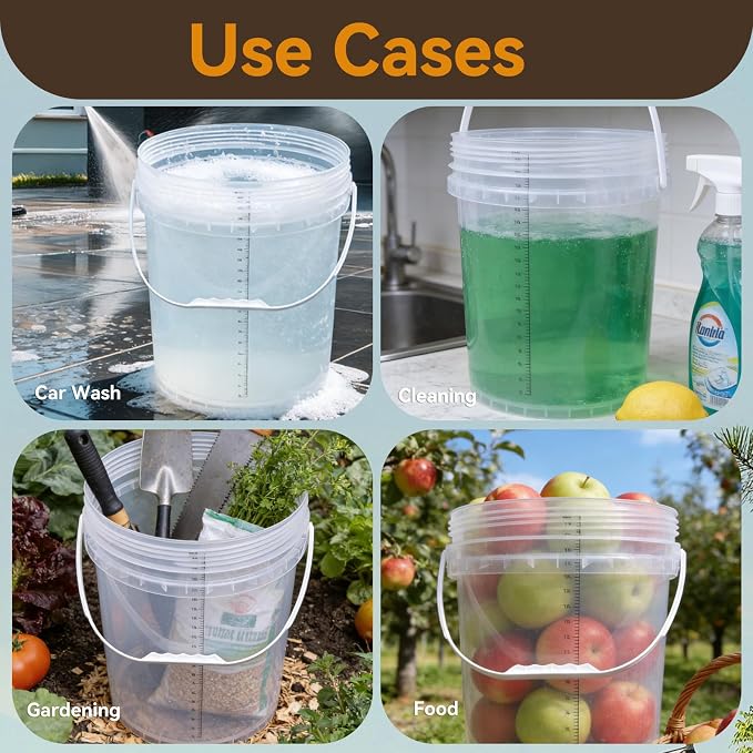 5 Gallon Bucket with Lid & 2.6 Gal Plastic Food Storage Containers, 5 Pack Clear Buckets with Lids, Food Grade Pail for Ice Cream, Dog Food, Water, Large Quart Container with Handle - Image 5