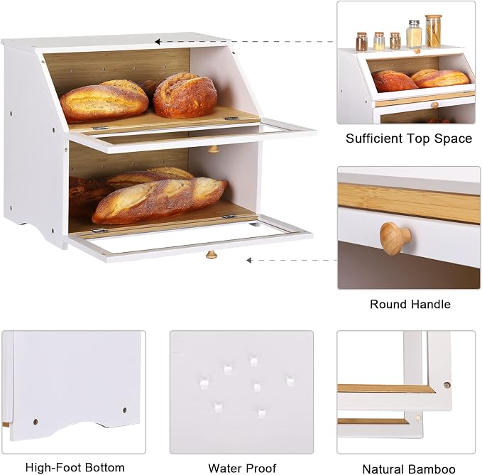 HOMEKOKO Double Layer Wood Bread Box for Kitchen Counter,Keep Fresh, White | Keeps Bread Fresh 3-4 Days, Large Capacity Fits 2+ Loaves, Suitable For Home Kitchen Food Storage Use, See-Through Window - Image 3