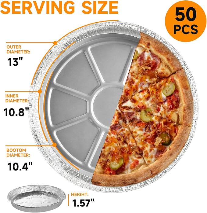 50 Pack Disposable Round Foil Pizza Pans Aluminum Pizza Pans for Personal Pizzas, 13 Inch Round Tin Foil Pan for Cookies, Cake, Focaccia - Freezer & Oven Safe - Image 2