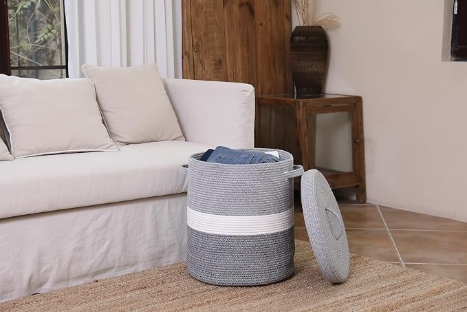16" x 16" x 18" Extra Large Storage Basket with Lid, Cotton Rope Storage Baskets, Laundry Hamper, Cloth Bin, for Clothes Towels Blankets Pillows Storage in Living Room, Dual Grey with Lid - Image 5