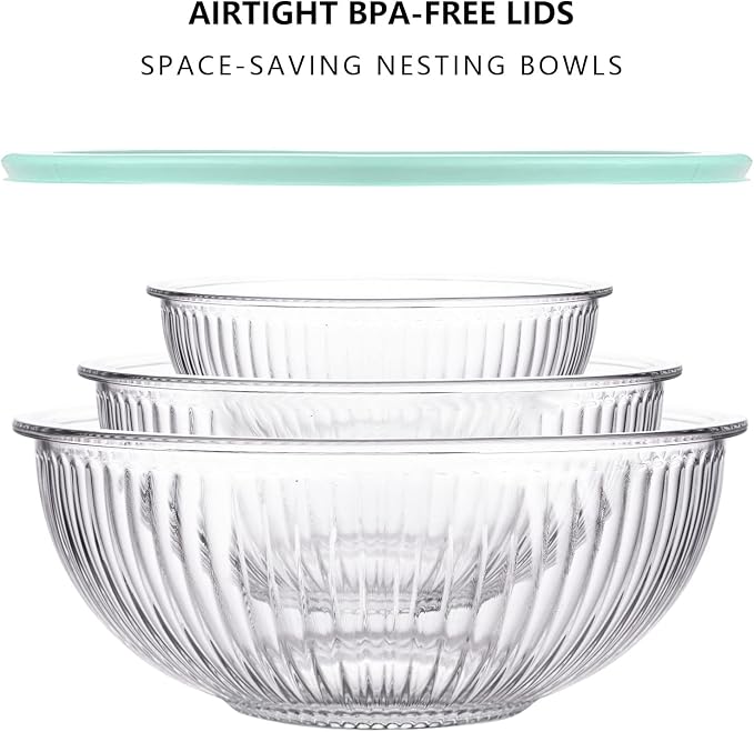Luvan Glass Mixing Bowls with Lids Set(3.7QT, 2.1QT, 1.1QT),3PC Glass Nesting Bowl, Large Salad Bowls Sets with lids,Clear Cooking Bowl for Kitchen Prep,Food Storage,Baking,Microwave and Oven Safe - Image 5