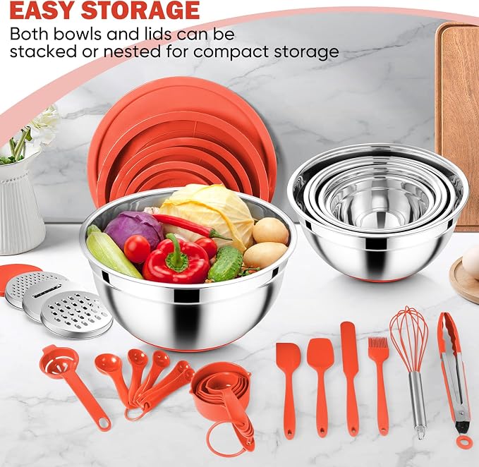 E-far Mixing Bowls with Lid Set, 25PCS Stainless Steel Nesting Prep Bowls with Grater Attachments Utensils Non-Slip Bottoms for Cooking, Baking, Serving, Food Storage, 4.6/2.6/2/1.5/1/0.7QT - Red - Image 6