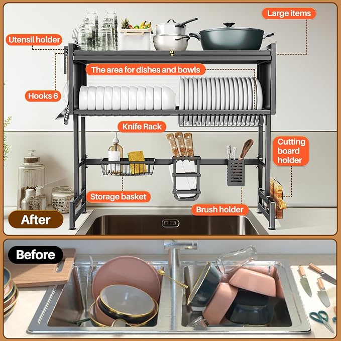 Over The Sink Dish Drainer Drying Rack 3 Tiers with Cover, Keep Kitchen Sink Shlef Organized Space-Saving Dish Drying Rack, Large Stainless Steel Sink Drying Rack for Dishes, Bowls, Cutlery (33.4"W) - Image 4