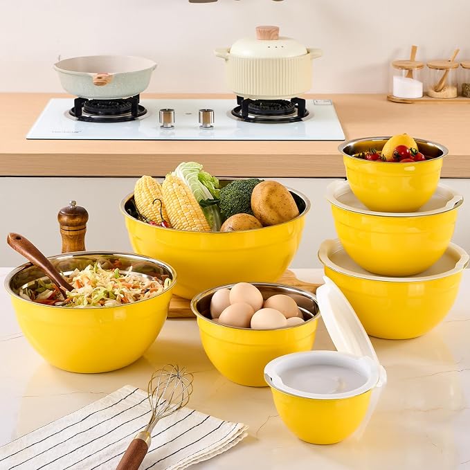 Yellow Mixing Bowls with Airtight Lids, Stainless Steel Nesting Mixing Bowls Set of 7, Ideal for Baking, Prepping and Serving Food, Size 7, 3.6, 2.7, 2.1, 1.5, 1.1,0.8 QT, Stackable Design - Image 8