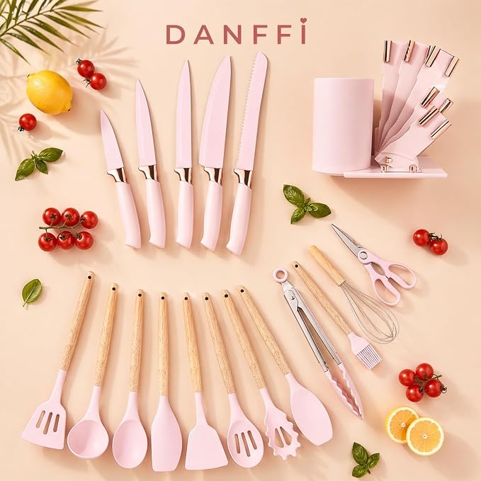 19-Piece Pink Kitchen Utensils Set with Knife Set & Cutting Board - Silicone Cooking Utensils with Wooden Handles, Rose Gold Accents, Scissors, Whisk & Tongs - BPA-Free Pink Kitchen Gift Set - Image 3