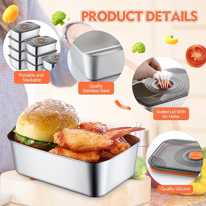 Layhit 16 Sets 34oz Stainless Steel Food Storage Containers with Lids Large Reusable Stackable Metal Container Outdoor Rectangle Fruit Lunch Box for Picnic Travel Dishwasher and Freezer Safe - Image 3