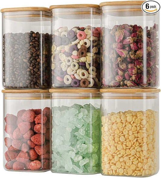 D2scrma 37oz Airtight Glass Square Storage Canisters with Bamboo Lid Set of 6 (1100ml) Stackable Containers, Kitchen Jars for Pantry Noodles, Flour and Coffee beans (‎with Black Lable) by Delicatedtoservicecustomer