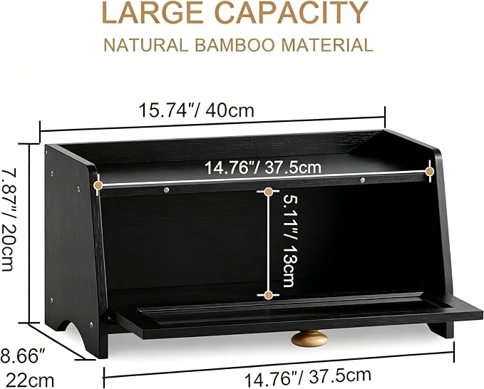 BAMBANG Bread Box for Kitchen Countertop, Bamboo Bread Box for Homemade Bread, Wooden Farmhouse Bread Storage Container, Large Breadbox Bread Bin Organizer for Counter Cabinet Pantry, Black - Image 3