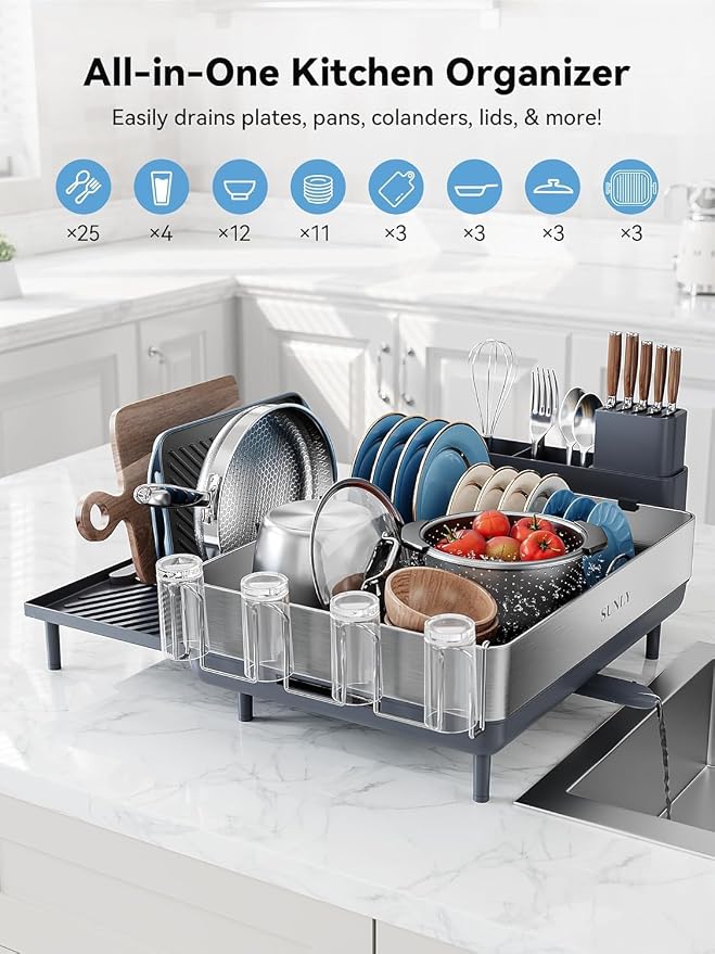 Large Dish Drying Rack, Expandable Dish Racks for Kitchen Counter, Space Saving 304 Stainless Steel Drying Rack Kitchen, Extra Large Drainer with Multifunctional Flip Up Pegs, Gray - Image 7