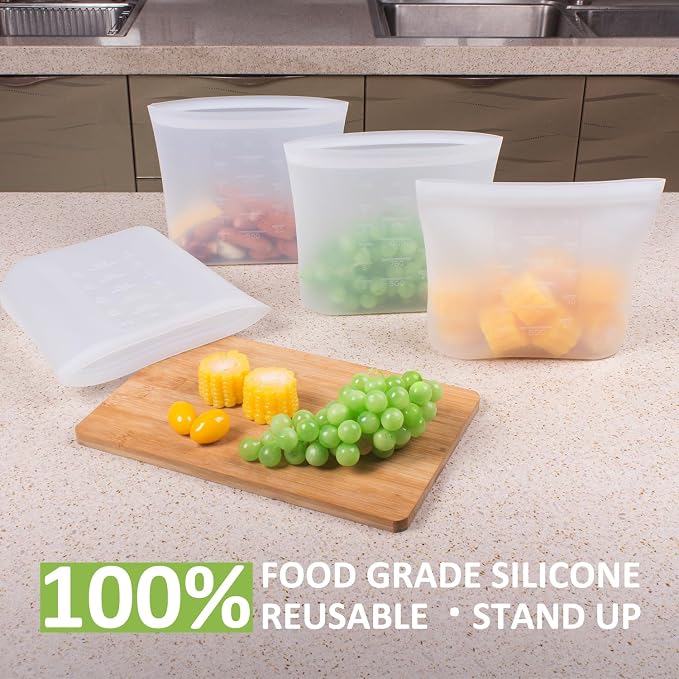 Large Reusable Food Bags 4 Pack, 1.5 Quart(50.7fl.oz) 100% Silicone Storage Bags Stand Up Zip Silicone Food Container, Freezer Microwave Oven Dishwasher Safe, Translucent - Image 2
