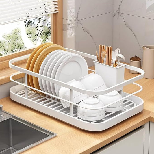 Kitchen Counter Dish Drying Rack,Stainless Steel Dishes Drainer with Utensil Holder,Space-Saving Dish Rack,Removable Plastic Drainer Tray for Dishes, Knives, Spoons (White,No Cup Holder) by SINGID