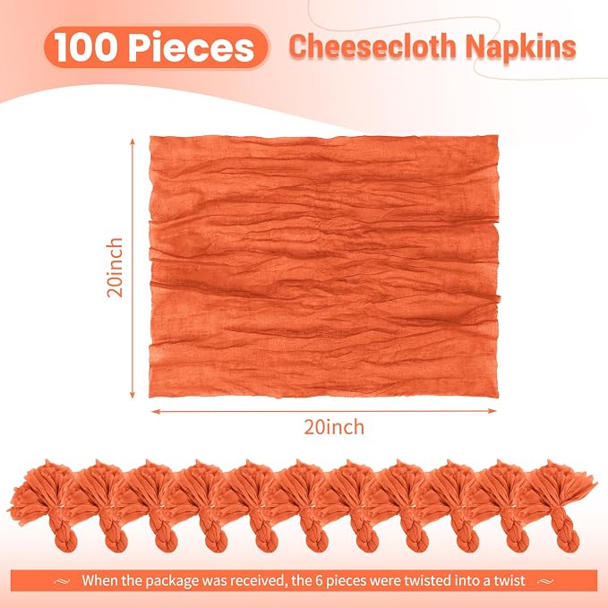 100 Pack Orange Cloth Napkins 20x20Inch Cheesecloth Napkins | Elegant Cloth Napkins for Table, Washable Rustic Boho Gauze Fall Napkins, for Wedding Party Bridal Baby Shower Dinner Decor - Image 2