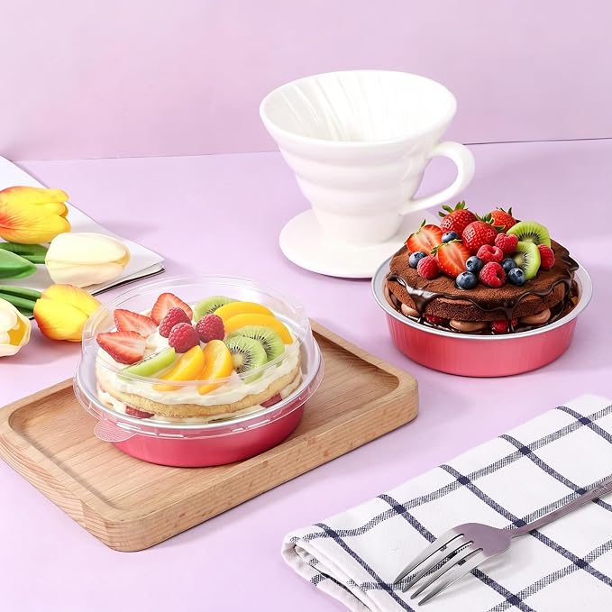 Beasea 50 Pack Mini Tart Pans with Lids, 7.3oz Disposable Aluminum Foil Baking Cups, 4" Round Pie Container Small Tart Pie Pans for Individual Cupcake Muffin Cheesecake Quiche - Grapefruit Pink - Image 6