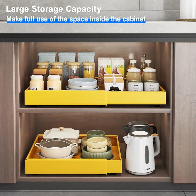 Mustorn 2 Pack Pull Out Cabinet Organizer, Expandable Slide Out Drawers for Kitchen Cabinets Peel and Stick Pullout Drawer Heavy Duty Sliding Shelves for Cupboard, Pantry, Bathroom(16.5" Deep, Yellow) - Image 4