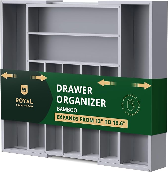 ROYAL CRAFT WOOD Luxury Bamboo Kitchen Drawer Organizer - Silverware Organizer - Utensil Holder and Cutlery Tray with Grooved Drawer Dividers for Flatware and Kitchen Utensils (9 Slot, Gray) by ROYALCRAFTWOOD