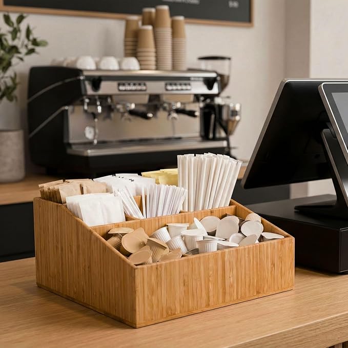 Restaurantware-11.75 x 5.5 Inch Coffee Condiment Organizer, 1 Square Creamer Organizer - 9 Compartments, Break-Resistant, Bamboo Coffee Accessory Caddy, Won't Chip, For Sugar Packets And Creamers - Image 3